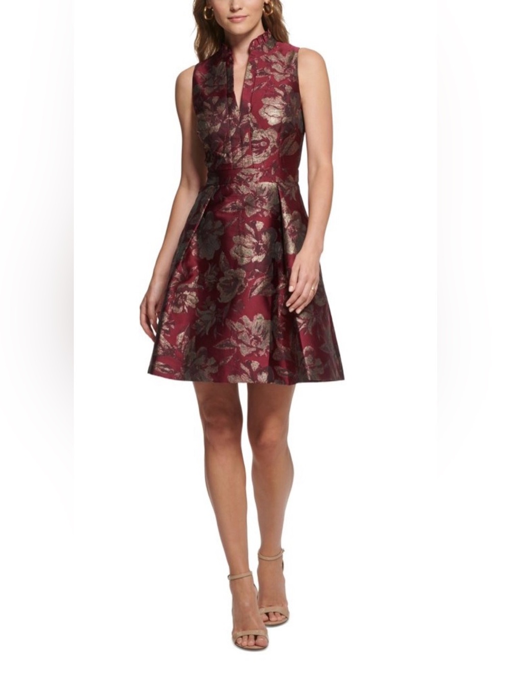 Vince Camuto Metallic Jacquard Ruffled-Neck Fit and Flare Dress Berry (Size 16)